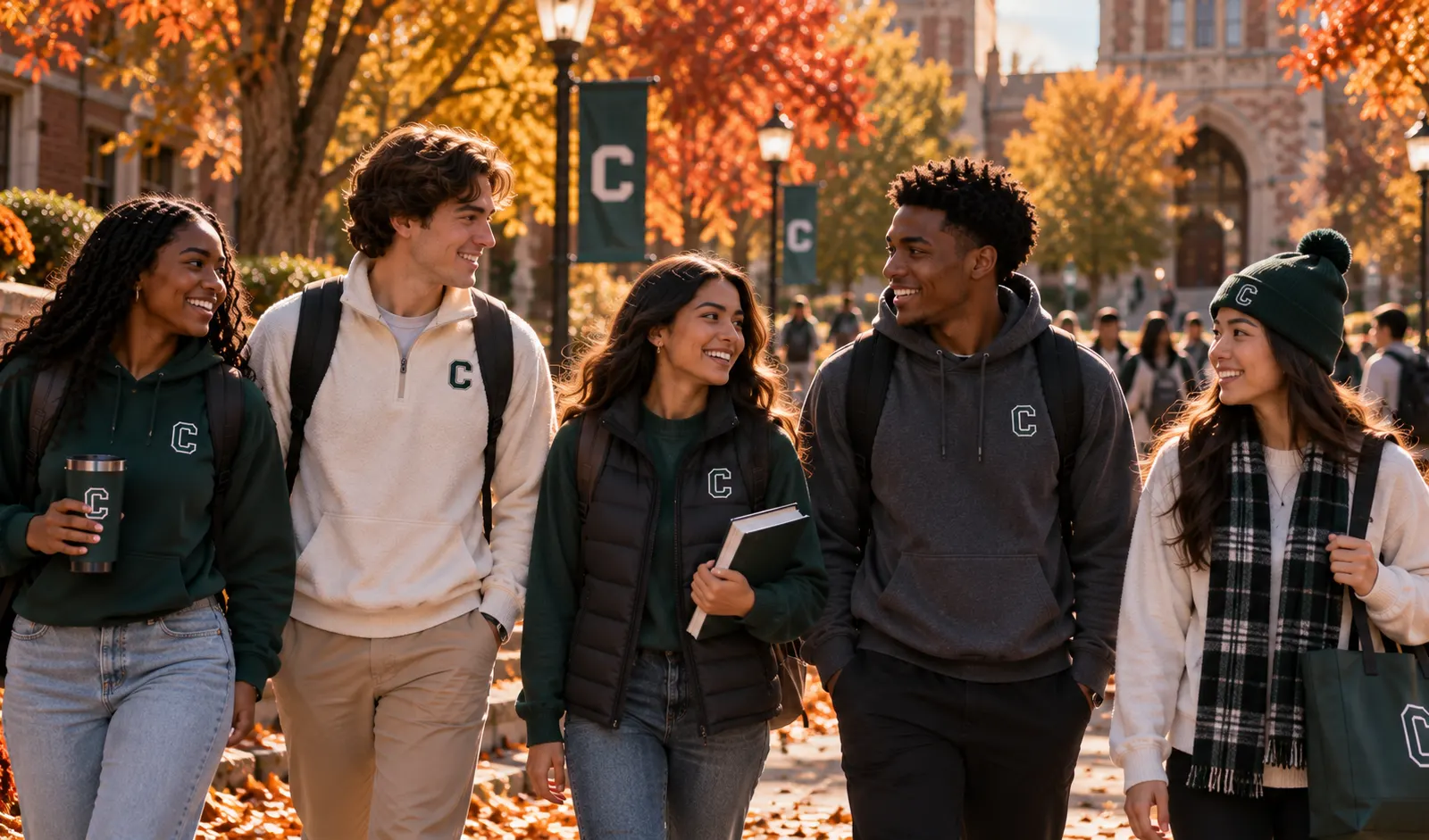 College students wearing branded university spirit gear on campus